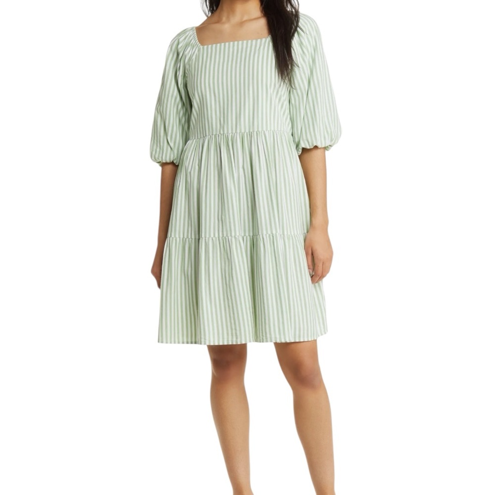 Beachlunchlounge Stripe Open Back Bow Puff Sleeve Cotton Blend Dress Size XL
